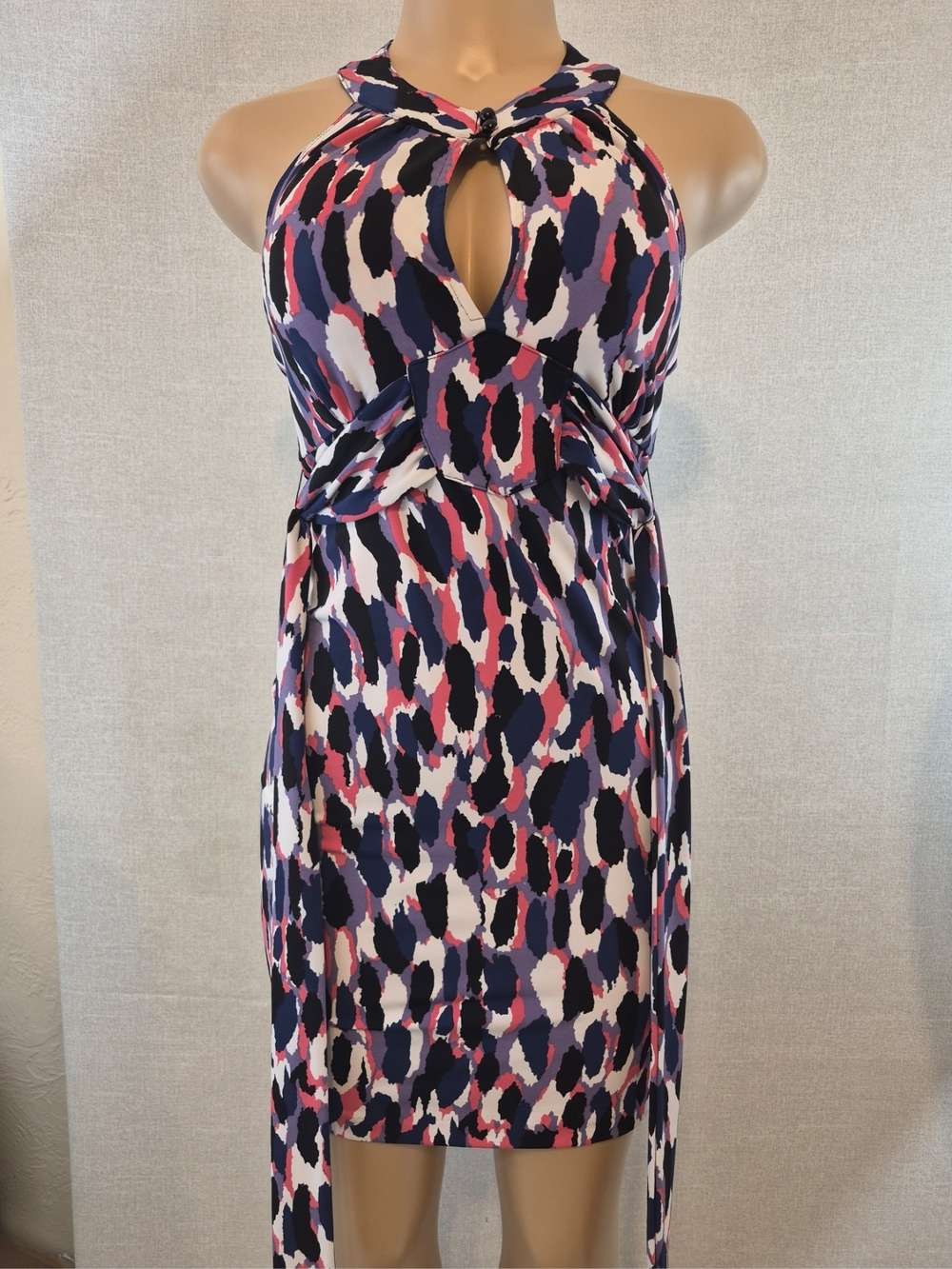 Guess Halter Mini Dress in Navy, Pink & White Abstract Print